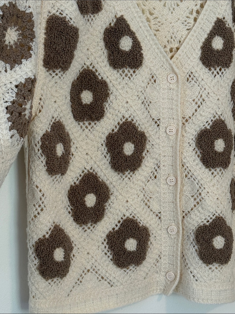 Crochet Floral V‑Neck Cardigan - Cream and Brown - Picture 3 of 9